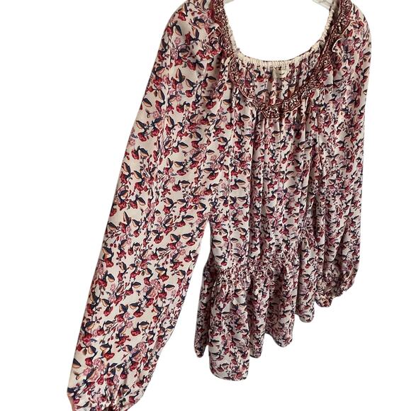 Max Studio Floral Blouse Womens Large Cream Red Smocked Waist Peplum Top - Picture 3 of 12